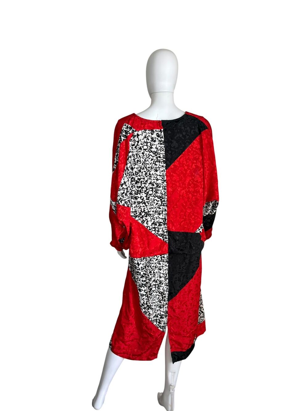 Chez California Patchwork Tie Neck Long Sleeve Midi Dress